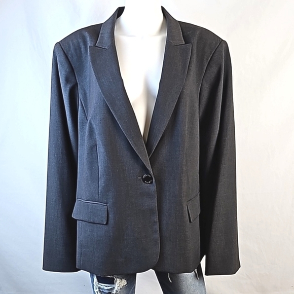 Calvin Klein Grey Stretch Notched Lapel Single Button Jacket Blazer Size 24W - Picture 1 of 16